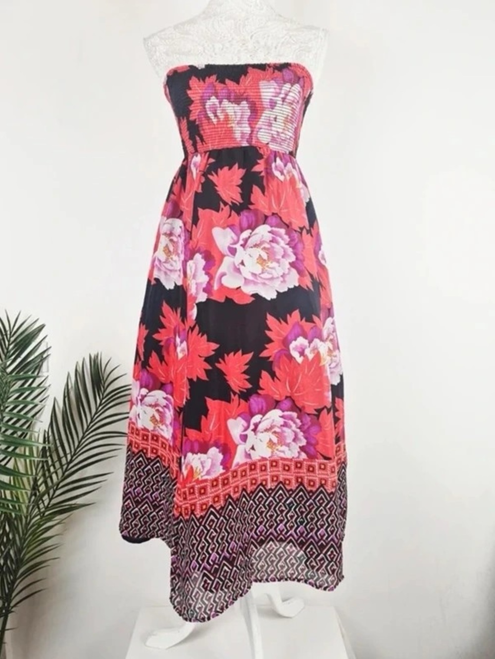 Floral Strapless Maxi Dress in Black and Pink Coral